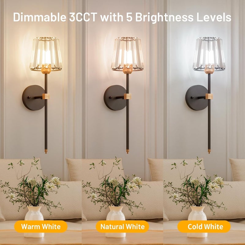 L.JUJAM Crystal Battery Operated Wall Sconces Set of 2, Black and Gold Rechargeable Wireless Wall Lights with Crystal Lampshade, 12 RGB and 3CCT Dimmable Wall Lamps with Remote for Bedroom Living Room Hallway - Image 5
